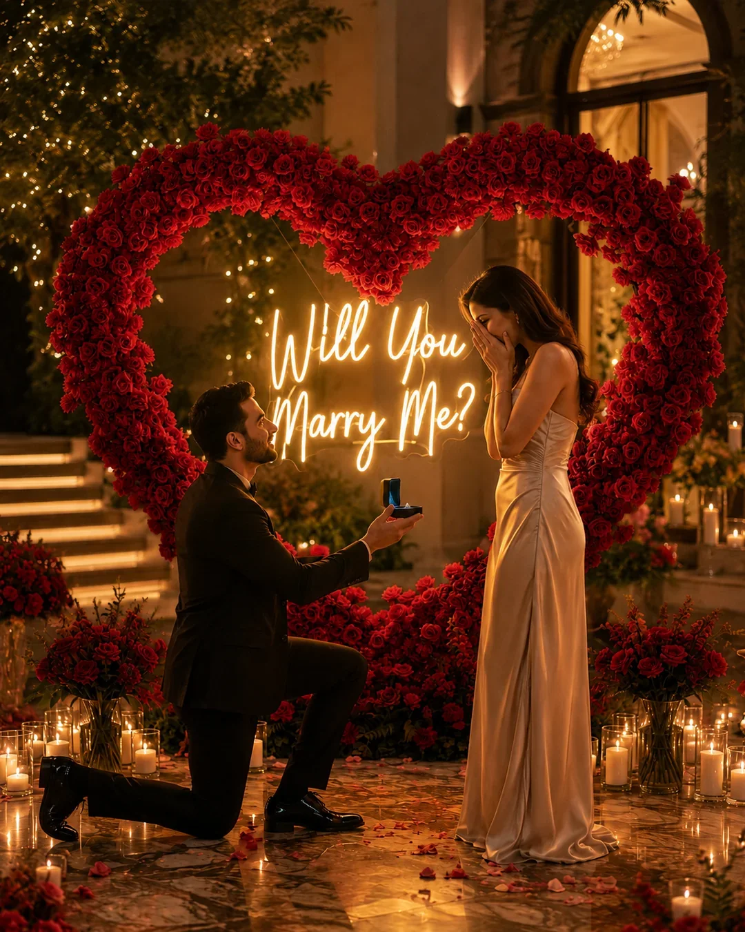 Luxury romantic proposal decoration with red rose heart arch and couple designed by Festoura